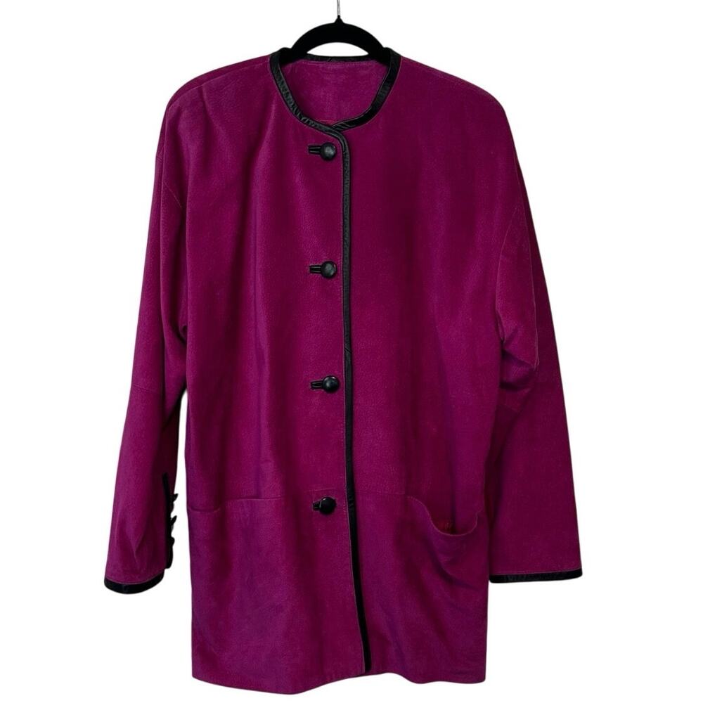 Danier Vintage‎ 90s Fuchsia Magenta Suede Coat Size M Black Trim Bold Statement
